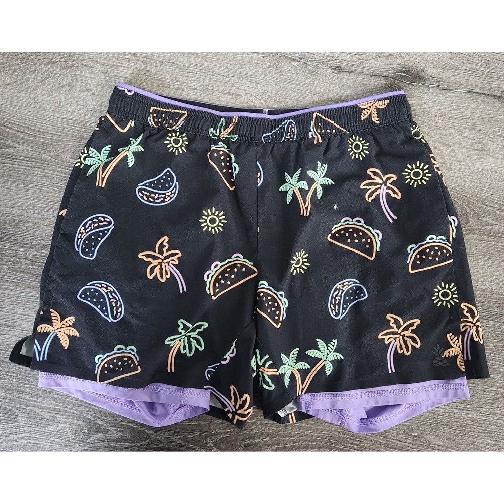 Chubbies Mens Large 5.5 Inseam Neon Taco Palm Tree Lined Athletic Shorts Black